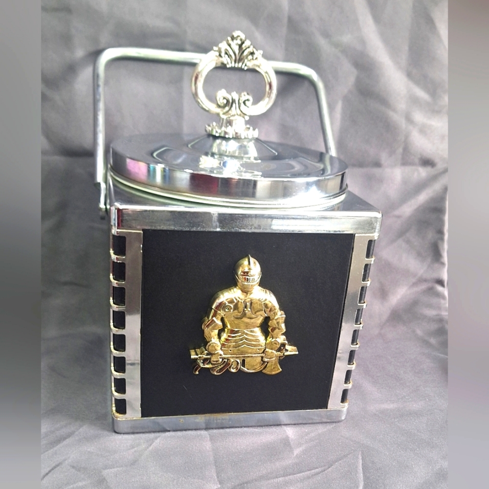 Vintage 60's-70's Ice Bucket 11 Inches Tall Medieval Style Coat Of Arms Tin